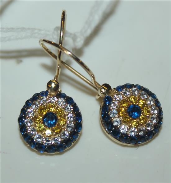 Pair of 14ct gold (585) drop earrings, target-set with blue, white and yellow stones